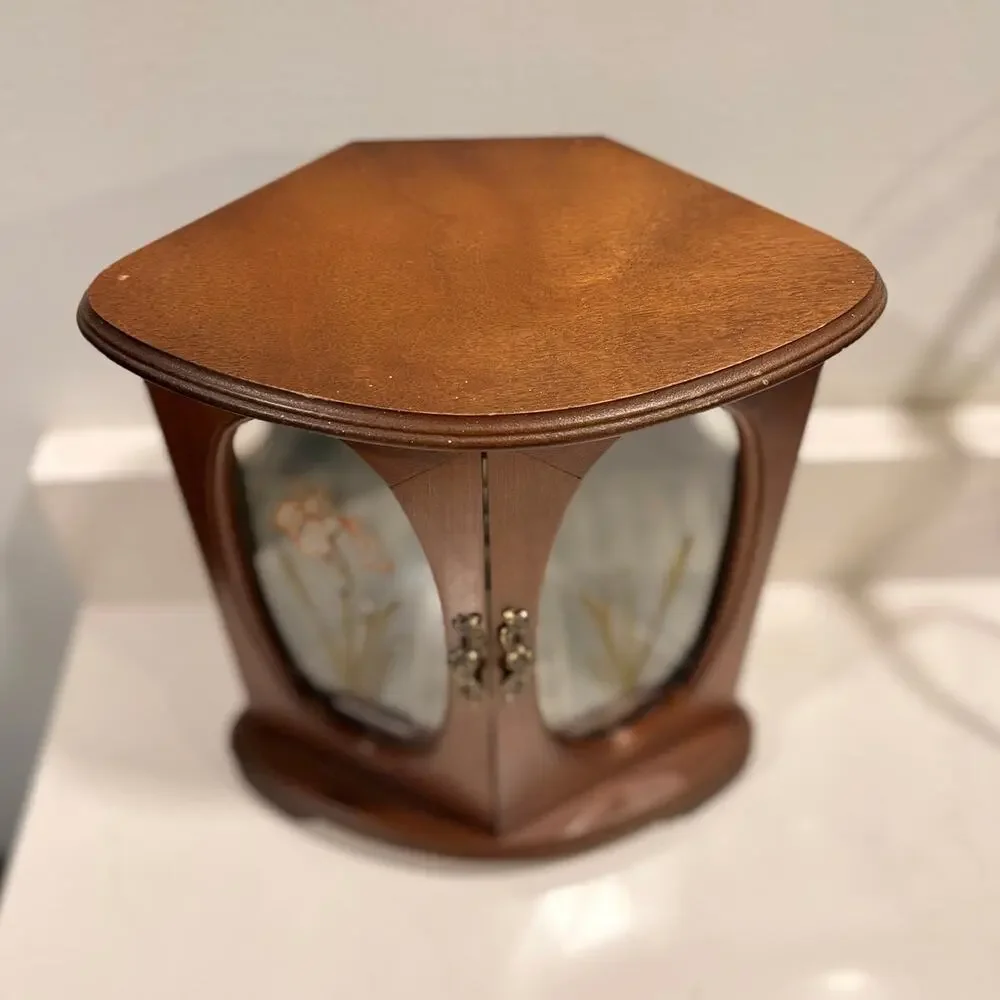 Vintage Wooden Jewelry Box Mirrored Interior Iris Glass Doors Trinket Case